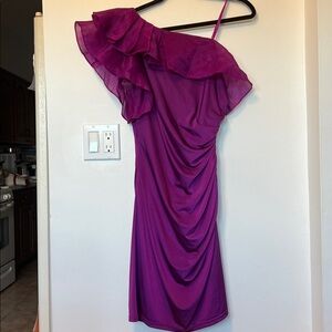 Adrianna Papell Purple One Shoulder Ruffle Dress